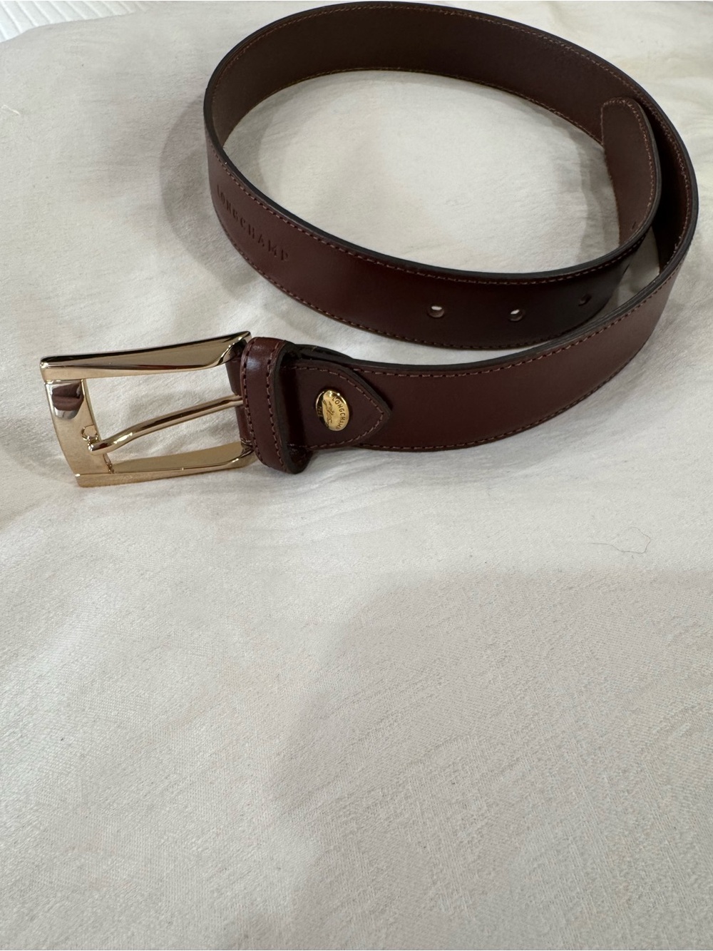 Longchamp Leather Men's Belt with Gold Buckle - Brown Small